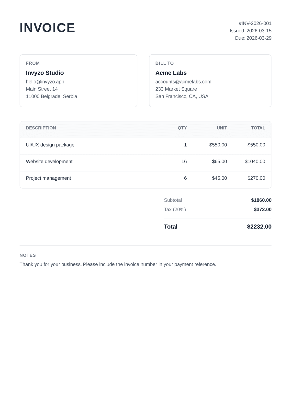 Example invoice made with Invyzo, template 1