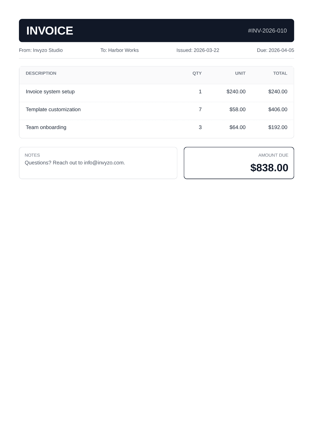 Example invoice made with Invyzo, template 4