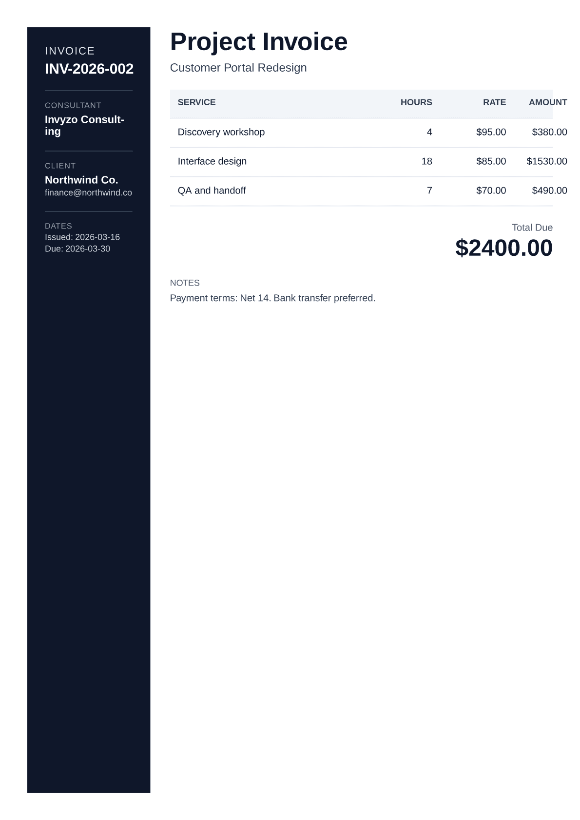 Example invoice made with Invyzo, template 2